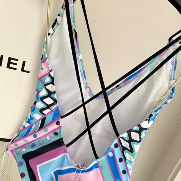 Emilio Pucci Blue and Pink Geometric One Piece Swimsuit - Picture 3 of 9